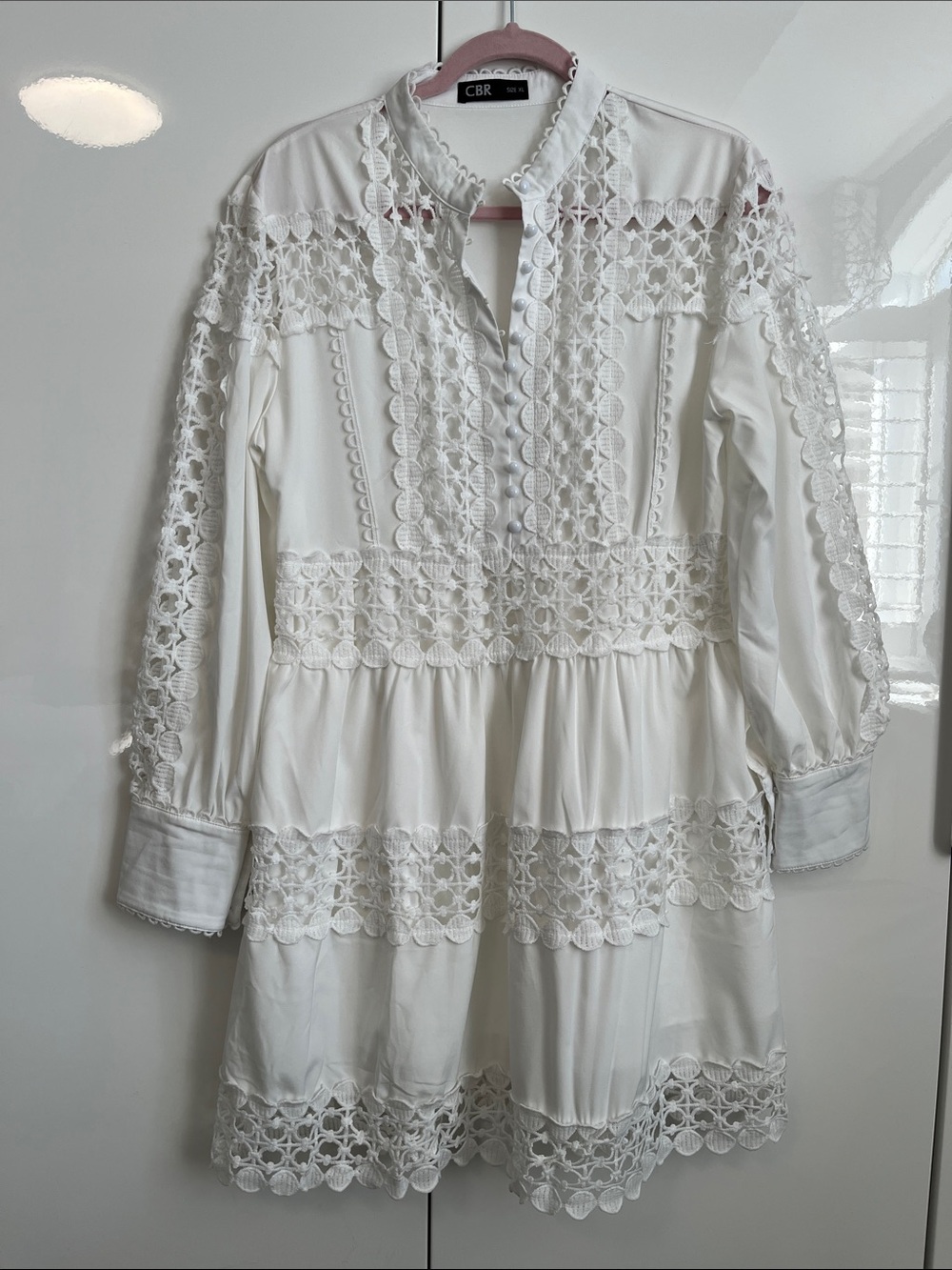 CBR NWOT White Crochet Lace Tiered Mini Lined Dress, Size XL